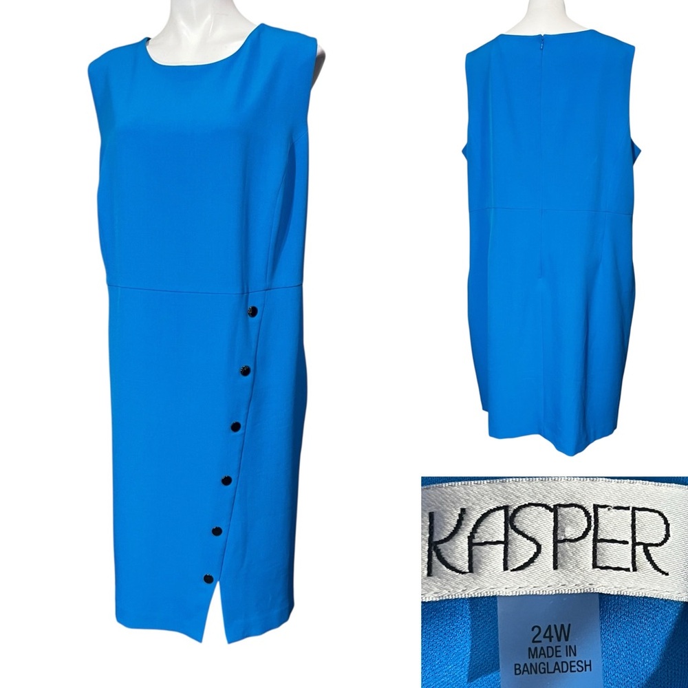 Kasper Bright Blue Sleeveless Shift Dress with Side Button Detail